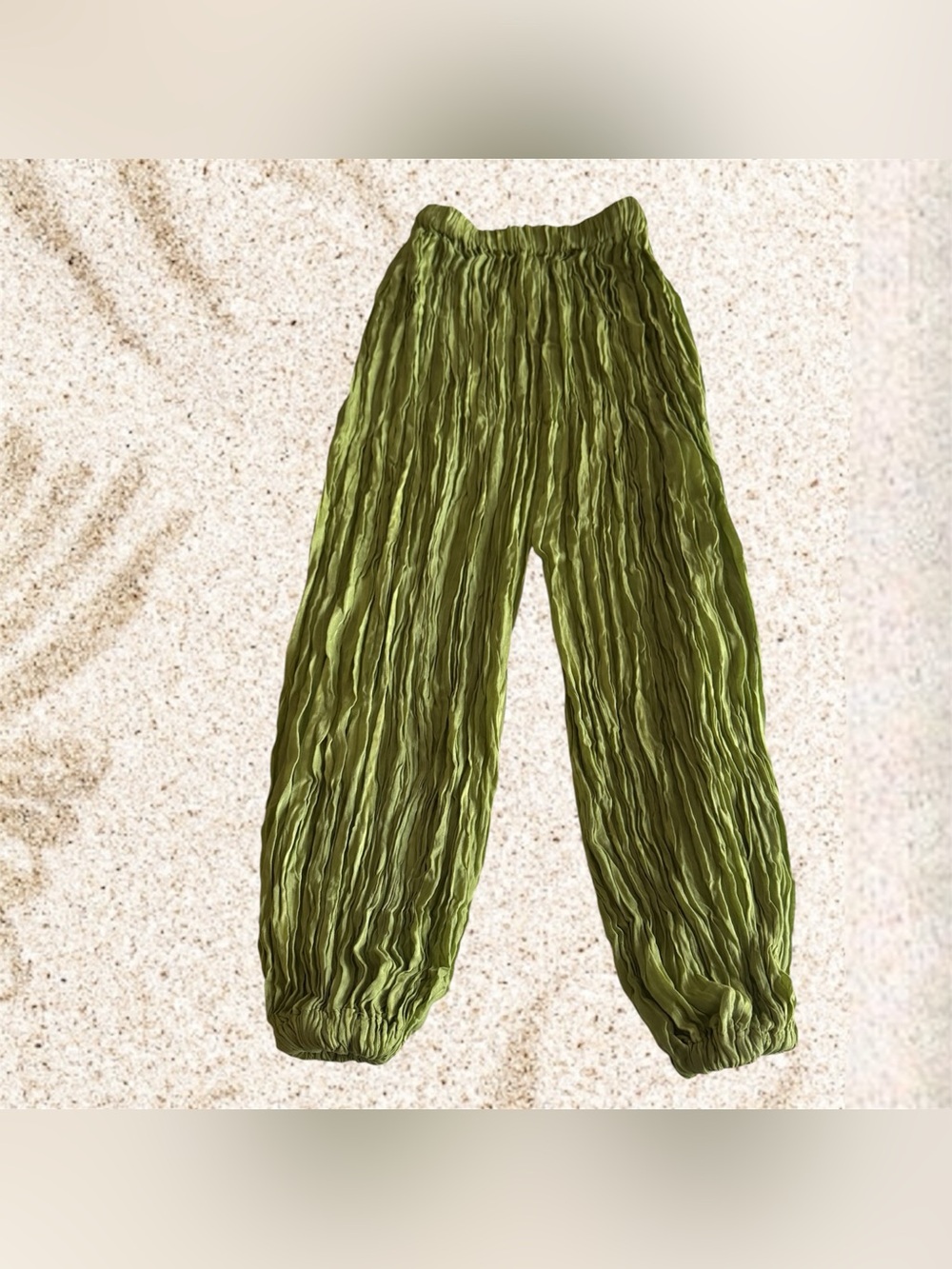 🛍️SALE🛍️ Women’s Boho Olive Green Wide-Leg Crinkle Pants Palazzo Harem Pants - Picture 3 of 5